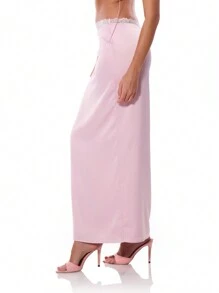 MUSERA 缎面蕾丝边低腰长裙，夏季时尚优雅 - 粉色 - 查看 3