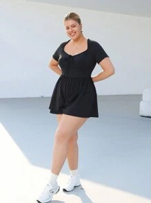 SHEIN EZwear Plus Size Spring Vacation Casual Solid Color Elastic Romper - Black - View 4