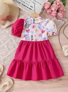 SHEIN Váy bó tay bồng họa tiết graffiti dệt trơn màu cho bé gái - Màu Hồng Tươi - Xem 7