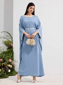 Al Najma 女式纯色仿珍珠装饰长袖阿拉伯连衣裙，端庄