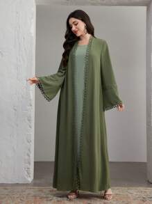 Graceveil 女式喇叭袖超长外套和无袖连衣裙两件套阿拉伯服装套装 - 綠色 - 查看 4