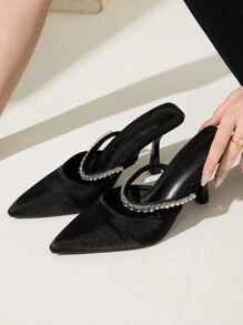 CUCCOO CHICEST Giày cao gót mũi nhọn đính pha lê vải lụa đen thời trang cho nữ, thích hợp đi làm, hẹn hò, tiệc tùng, ngày lễ, đám cưới - màu đen - Xem 6