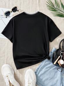 Camiseta de manga corta con cuello en V y estampado numérico de Los Ángeles para niña preadolescente, uso casual y versátil para el día a día