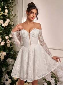 SHEIN Belle Elegante, lujoso y elegante vestido largo de encaje blanco con hombros descubiertos y manga larga con dobladillo amplio, adecuado para festivales, despedidas de soltera, bodas, graduaciones, vacaciones, vestidos para duchas nupciales, pequeño vestido blanco, novia