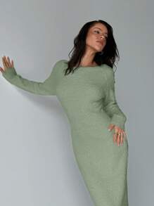 Aloruh 女式超大露肩长款针织毛衣连衣裙，秋冬 - 綠色 - 查看 5