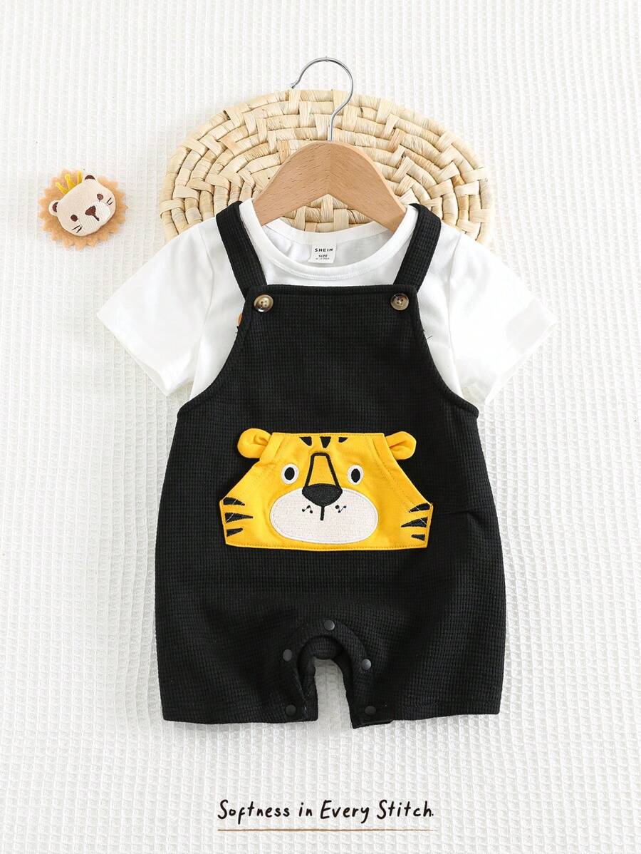 Cozy Pixies Baby Boy Cartoon Lion Pattern Soft Knitted Bib Strap Romper & Shorts Set