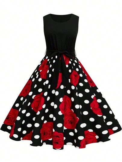Rometta Plus Size Vintage Women Polka Dot & Floral Print Round Neck Sleeveless Dress,Valentine For Summer