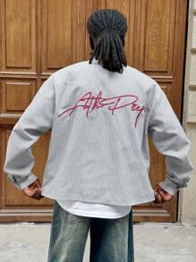 AXEPEAK 男士休闲学院风条纹宽松长袖衬衫，校园风，街头风，秋季 - 彩色 - 查看 5