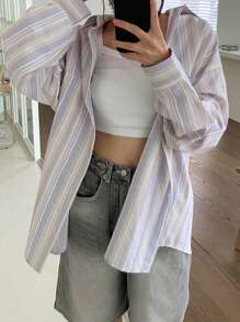 DAZY Áo sơ mi dài tay kẻ sọc rộng rãi thoải mái cho nữ, quần áo trở lại trường - Màu tím hoa cà - Xem 4