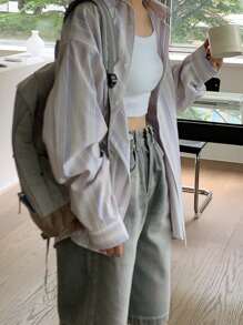 DAZY Áo sơ mi dài tay kẻ sọc rộng rãi thoải mái cho nữ, quần áo trở lại trường - Màu tím hoa cà - Xem 6