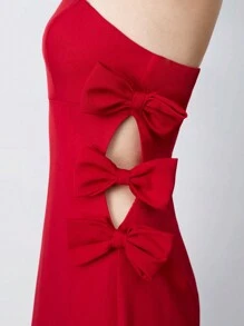 Maija 女士红色优雅纯色蝴蝶结装饰吊带背心百搭日常情人节派对连衣裙，早春节