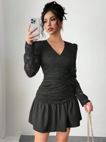 Chiquease Damen V-Ausschnitt Langarm Mini Kleid, lässig und stilvoll für den täglichen Gebrauch - Schwarz - Übersicht 3