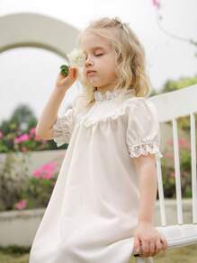 SHEIN Mädchen Retro Französischer Stil Hochkragen Blumen Spitze Puffärmel Strukturiertes langes Kleid, eleganter minimalistischer Frühling/Sommer - Aprikosenfarben - Übersicht 3