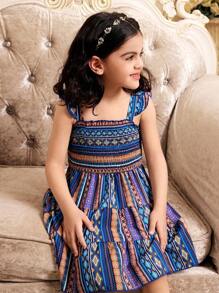 SHEIN 斋月风格年轻女孩多彩复古印花细肩带小女孩连衣裙