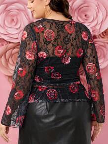 SHEIN LUNE 加大码圆领长袖蕾丝玫瑰印花上衣，适合情人节度假装，女士夏季服装 - 黑色 - 查看 2