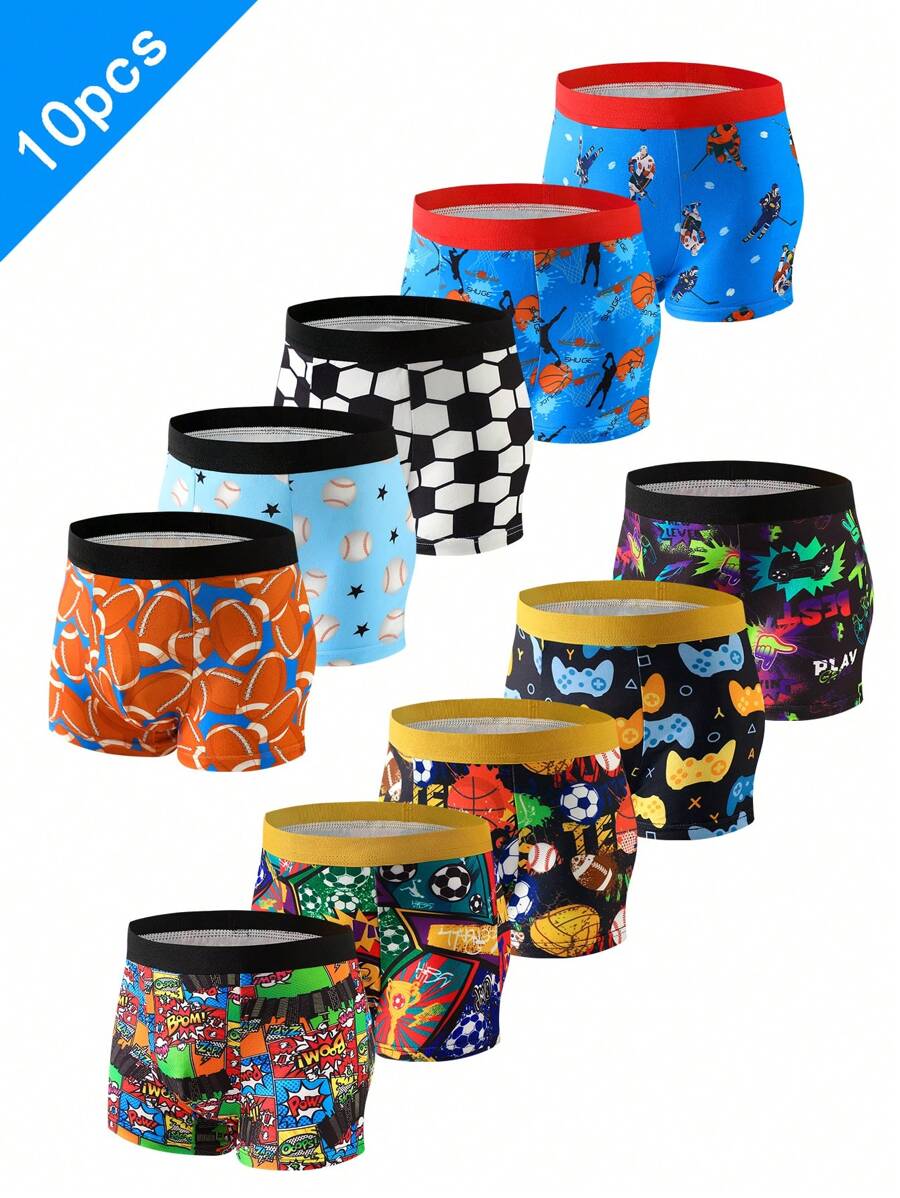 10pcs/Pack Tween Boy Cartoon Print Briefs, With Game, Football, Rugby Patterns - Multicolor - View 1