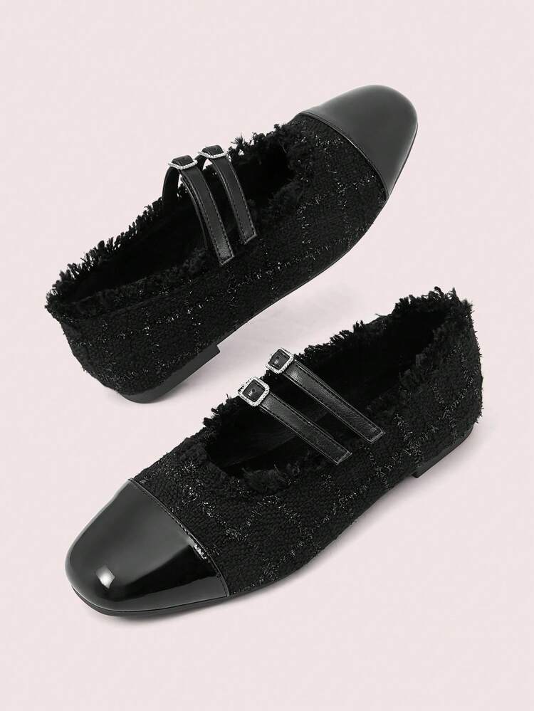 CUCCOO DOLLMOD Solid Color French Vintage Flat Patchwork Double Buckle Round Toe Flat Shoes Spring Shoes Spring Break Easter