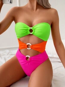 SHEIN Swim 夏季流行性感彩色连体泳衣女士瘦腰度假沙滩游泳