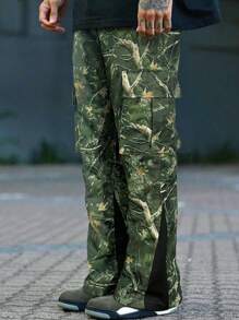 Manfinity LEGND Men's Youthful Street INS Best-Selling Pants.Men's Street Leaf-Print Loose-Waisted Trousers With Split Stitching At The Feet Are Suitable For Everyday Outdoor Favorites Cool Clothing.Men's Street Style Dead Tree Print Patchwork Ankle Split Pants