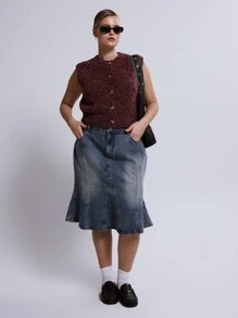 MUSERA Áo khoác cardigan dệt kim mềm mại, không tay, cài cúc, cỡ lớn, thích hợp cho trang phục hàng ngày, thường ngày và phong cách đường phố. - Màu Đỏ Sâu - Xem 4