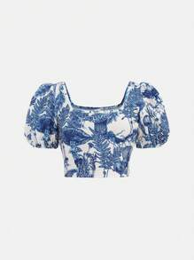 Girlism Tween Girl Blue & White Floral Knitted Crop Top & Shorts Set With Fitted Bubble Sleeves For Girl, Holiday/Casual Outfit - Blue and White - View 6