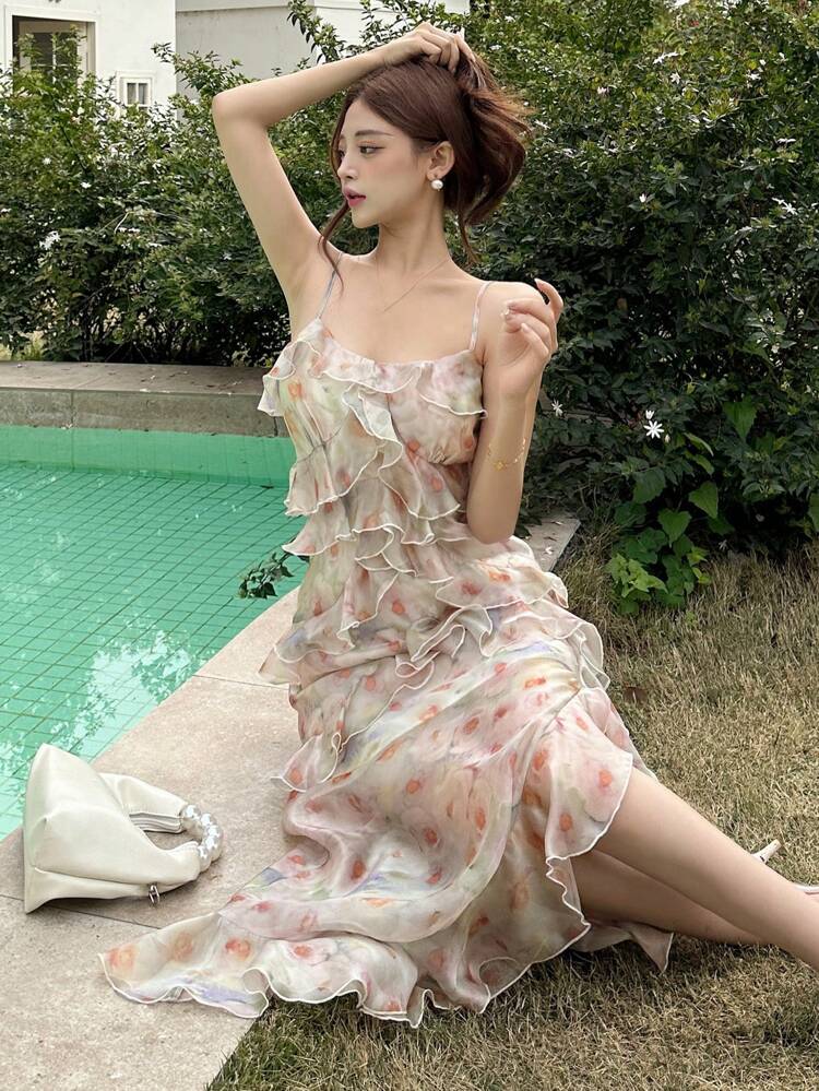 Women Floral Print Cami Dress With Ruffle Trim, Pink, Fit For Holiday, Vacation And Beach, Spring/Summer SpringStyle Sundress Cruise Outfit For Women Easter Boho