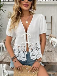Breezaya Camisa de mujer informal con unicolor, bajo empalmado con adorno de encaje, y cintura con cordón