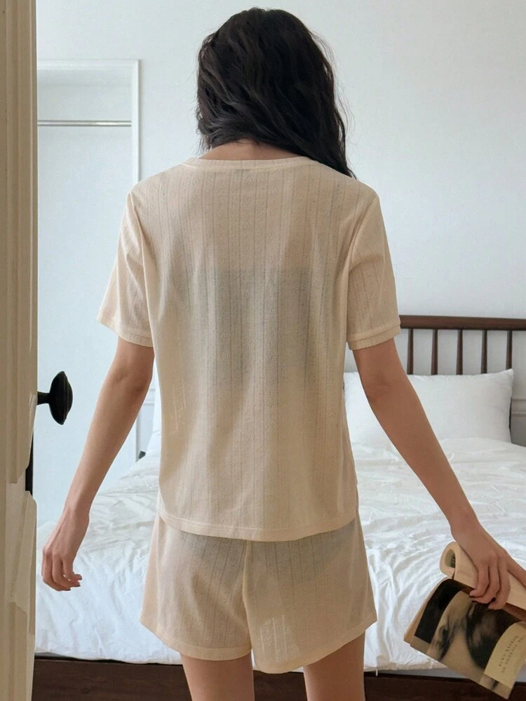 Solid Color Jacquard Texture Short Sleeve & Shorts Loungewear Set Pajama