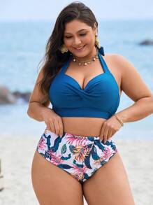 Swim Lushoire Plus Size Women 2pcs Set Plant Print Ruched Bikini Swimwear Set, For Summer Beach Vacation - Multicolor - View 6