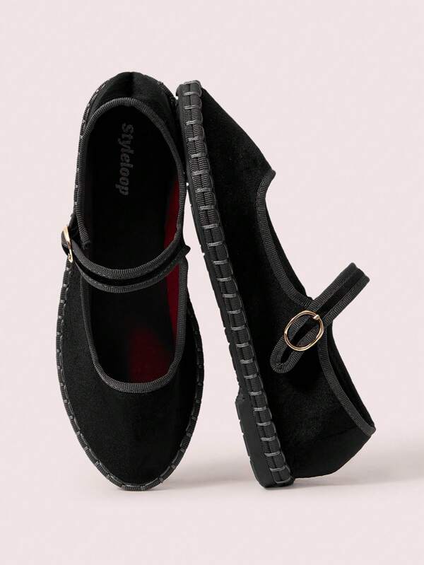 CUCCOO DOLLMOD Zapatos planos de estilo Mary Jane de terciopelo negro elegantes y cómodos para mujer