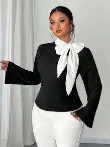 SHEIN Unity Plus Size Women Elegant Fitted Long Sleeve Bowknot Blouse - Black and White - View 5