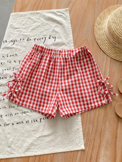 SHEIN LMoss Kids LMoss Young Girl's Spring/Summer Comfortable Red Plaid Woven Side Lace-Up, Bow Details Shorts, Valentine's Day, For School Daily Wear & Vacation & Holidays, Mom And Daughter & Sisters Matching.