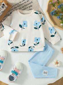 SHEIN Vintaside Kids Baby Girl Flowers Printed Ribbed Round Neck Sweatshirt And Ribbed Leggings 2pcs Set, Comfortable And Fashionable, Autumn/Winter - Blue - View 1