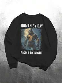 Manfinity Dauomo Werewolf Meme Print "Human By Day, Sigma By Night" Men's Standard Size Sweatshirt - Black - View 1