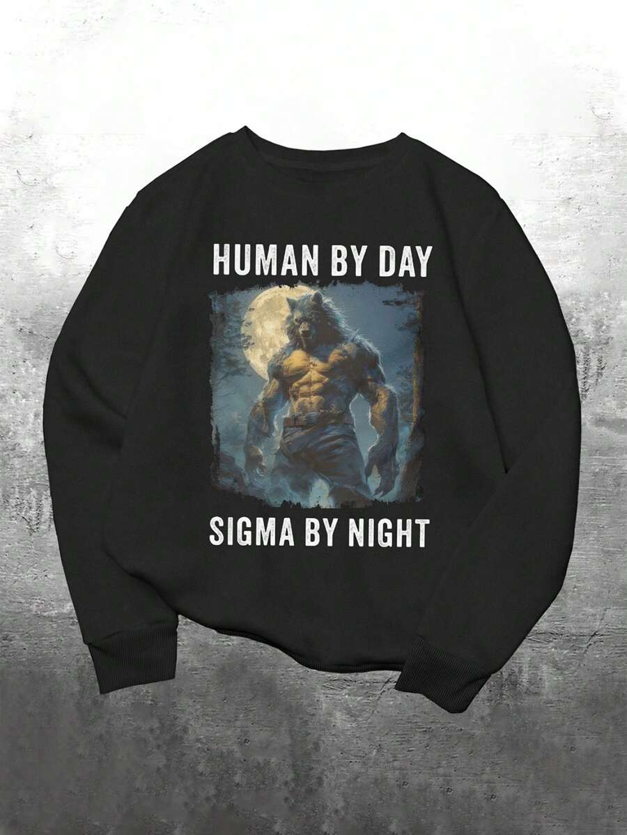Manfinity Dauomo Werewolf Meme Print "Human By Day, Sigma By Night" Men's Standard Size Sweatshirt - Black - View 1