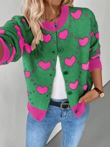 Jacquard Heart Pattern Loose Fit Cardigan, Autumn/Winter Fall Cloth For Women - Green - View 6
