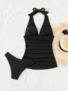 SHEIN Swim 2 件套女士黑色深 V 领罗纹露背束腰比基尼泳装套装，优雅的海滩装节日波西米亚风格，适合夏季海滩度假 - 黑色 - 查看 8