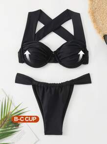 SHEIN Swim 2pcs Women Solid Color Halter-Neck Criss-Cross Back Top And Thong Bikini Set, Sexy Swimwear, For Summer Beach Vacation - Black - View 6