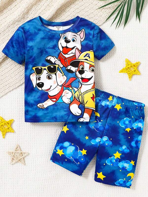 SHEIN 2 pièces/Set Jeune garçon Pyjama T-shirt à manches courtes casual col rond et shorts à motif chien de bande dessinée, ensemble de vêtements de détente confortable