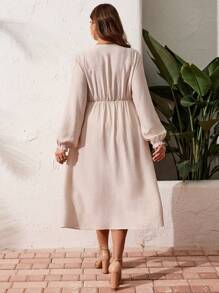 SHEIN LUNE Plus Size Long Sleeve Casual Retro Printed Waist Tassel Dress Sundress Linen Fabric - Beige - View 2