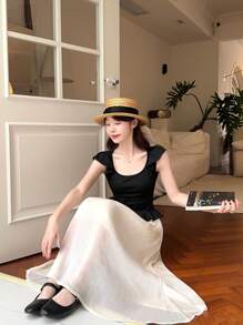 DAZY Women's Round Neck Pleated Ruffle Hem Colorblock Casual Midi Dress - Black - View 8