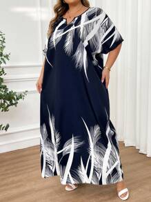 SHEIN CURVE+ Spring And Summer Autumn And Winter Elegant Navy Blue Woven Notched Kaftan Dress Plus Size Dresses - Navy Blue - View 6