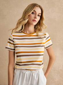 Poéselle Women's Striped Print Crew Neck Short Sleeve Casual T-Shirt