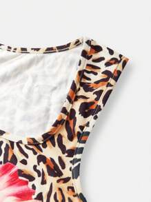 SHEIN Teenager Mädchen Passform Lässig Leoparden- und Blume Muster Crop Top mit Bauchnabel im Y2K Stil