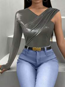 Zolique Women's Autumn Fashionable Metallic Asymmetric T-Shirt Fall Cloth For Women - Black - View 1