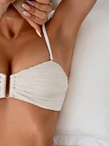 SHEIN Swim Women's Minimalist Solid Color Textured Swimwear Set, Suitable For Beach Vacation For Summer Beach Vacation
