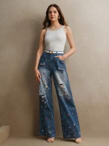 Anewsta Quần Jeans Xanh Nữ Thời Trang Retro Hiện Đại Màu Sắc Cũ Đính Đá Rhinestone, Dành Cho Lễ Hội & Đi Chơi - Rửa tối - Xem 7