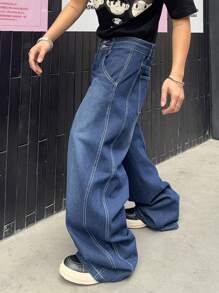 Manfinity CasualKnits Men's Casual Loose Washed Wide Leg Jeans - Dark Wash - View 6