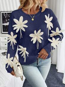 SHEIN Unity Jersey de cuello redondo con flores 3D de moda, jersey de punto de otoño/invierno - Azul - Ver 6