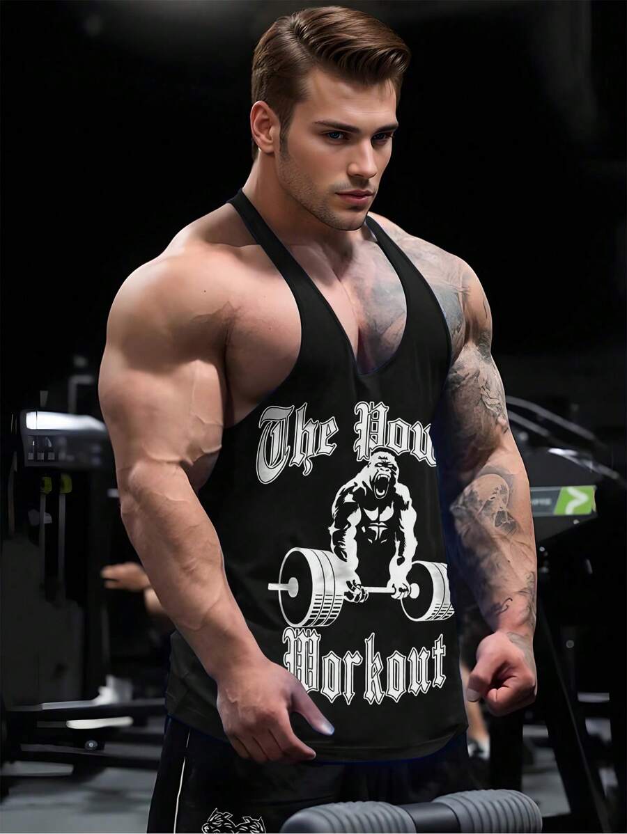 Gym Rark 男士运动无袖T恤,吊带背心,训练健身运动休闲上衣,街头风落袖剪裁,吸湿排汗,透气速干,黑色常规版型面料,圆领,略带弹性,印有黑猩猩举重字母图案,休闲运动无袖T恤,背心,运动上衣,透气轻盈 - 黑色 - 查看 1